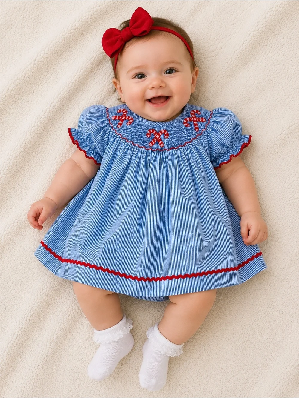 Smock Monkey Baby Top with Blue Gingham Trim - White